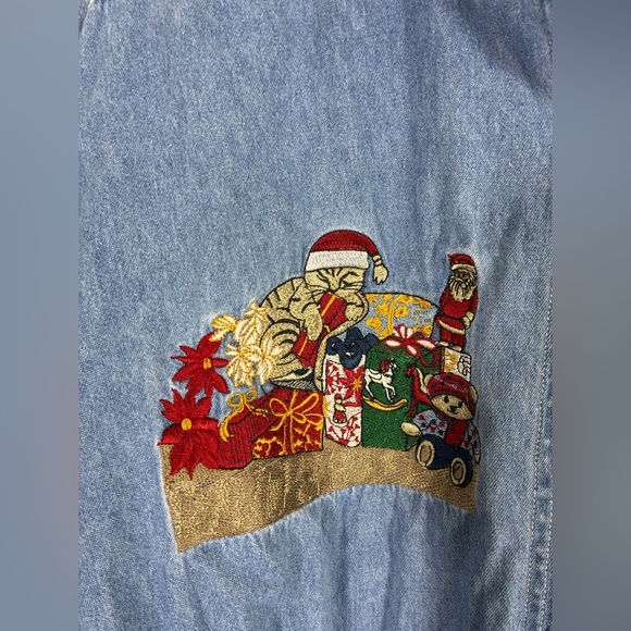 Vintage Let’s Quizz Again Denim Shirt Embroidered Christmas Cat Large - Picture 2 of 6